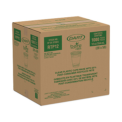 Dart Bare Eco-Forward RPET Cold Cups, ProPlanet Seal, 12 oz to 14 oz, Leaf Design, Clear, Squat, 50/Pack, 20 Packs/Carton (DCCRTP12BARECT)