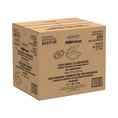 Dart Foam Hinged Lid Containers, 1-Compartment, 8.38" x 7.78" x 3.25", White, 200/Carton (DCC85HT1R)