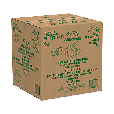 Dart Foam Hinged Lid Container, Performer Perforated Lid, 9.3 x 9.5 x 3, White, 100/Bag, 2 Bag/Carton (DCC95HTPF1R)
