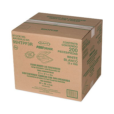 Dart Foam Hinged Lid Container, 3-Compartment, 9.3 x 9.5 x 3, White, 100/Bag, 2 Bag/Carton (DCC95HTPF3R)