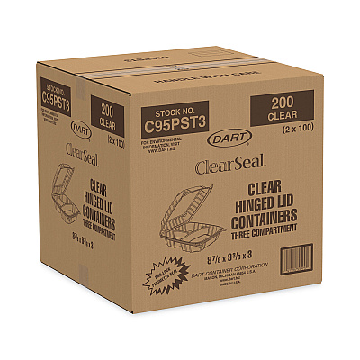 Dart ClearSeal Hinged-Lid Plastic Containers, 3-Compartment, 9.4 x 8.9 x 3, Plastic, 100/Bag, 2 Bags/Carton (DCCC95PST3)