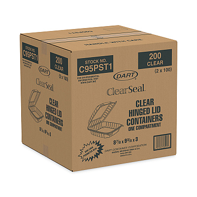 Dart ClearSeal Hinged-Lid Plastic Containers, 9.3 x 8.8 x 3, Clear, Plastic, 100/Bag, 2 Bags/Carton (DCCC95PST1)