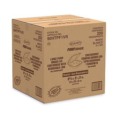 Dart Foam Hinged Lid Container, Vented Lid, 9 x 9.4 x 3, White, 100/Pack, 2 Packs/Carton (DCC90HTPF1VR)