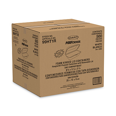 Dart Foam Hinged Lid Container, Hoagie Container with Removable Lid, 5.3 x 9.8 x 3.3, White, 125/Bag, 4 Bags/Carton (DCC99HT1R)