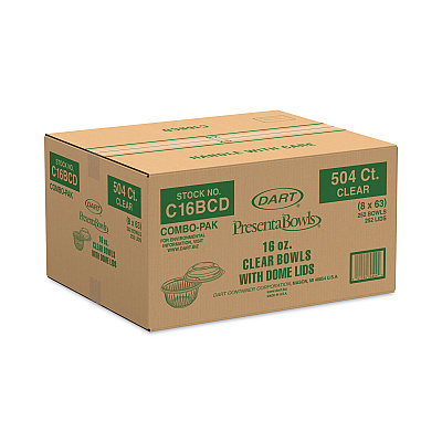 Dart PresentaBowls Bowl/Lid Combo-Paks, Dome Lid, 16 oz, Clear, Plastic, 63/Pack, 4 Packs/Carton (DCCC16BCD)