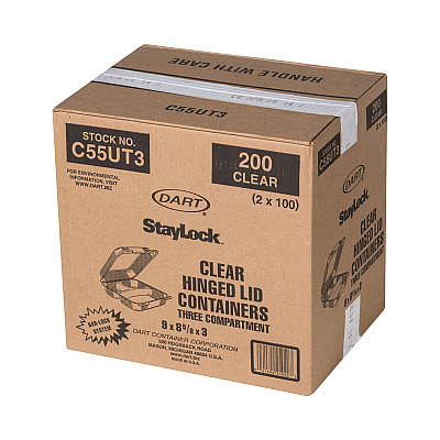 Dart StayLock Clear Hinged Lid Containers, 3-Compartment, 8.6 x 9 x 3, Clear, Plastic, 100/Packs, 2 Packs/Carton (DCCC55UT3)