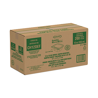Dart ClearPac SafeSeal Tamper-Resistant/Evident Containers, Flat Lid, 12 oz, 4.9 x 2 x 5.5, Clear, Plastic, 100/Bag, 2 Bags/Carton (DCCCH12DEF)