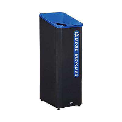 Rubbermaid Commercial Sustain Decorative Refuse with Recycling Lid, 15 gal, Metal/Plastic, Black/Blue (RCP2078994)