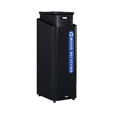 Rubbermaid Commercial Sustain Decorative Refuse with Recycling Lid, 15 gal, Metal/Plastic, Black/Blue (RCP2078994)