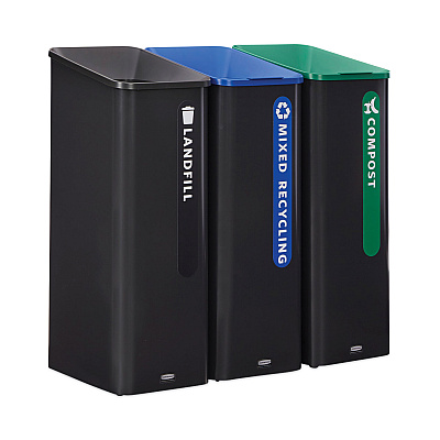 Rubbermaid Commercial Sustain Decorative Refuse with Recycling Lid, 15 gal, Metal/Plastic, Black/Blue (RCP2078994)
