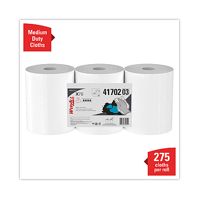 WypAll X70 Cloths, Center-Pull, 9.8 x 12.2, White, 275/Roll, 3 Rolls/Carton (KCC41702)