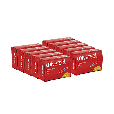 Universal Paper Clips, #1, Smooth, Silver, 100 Clips/Box, 10 Boxes/Pack (UNV72210)