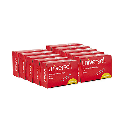 Universal Paper Clips, #1, Nonskid, Silver, 100 Clips/Box, 10 Boxes/Pack (UNV72230)