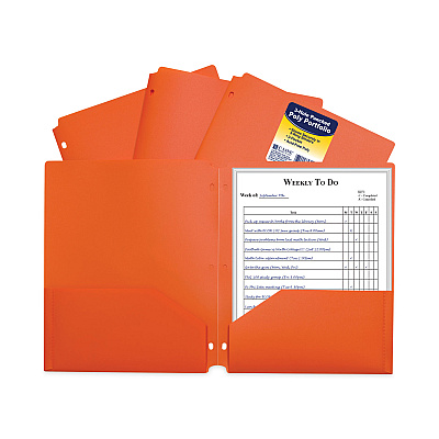 C-Line Two-Pocket Heavyweight Poly Portfolio Folder, 3-Hole Punch, 11 x 8.5, Orange, 25/Box (CLI33932BX)