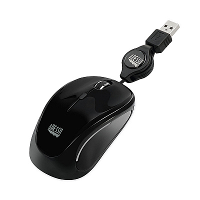 Adesso Illuminated Retractable Mouse, USB 2.0, Left/Right Hand Use, Black (IMOUSES8B)