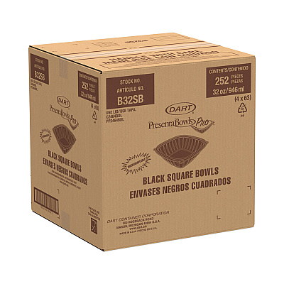 Dart PresentaBowls Pro Black Square Bowls, 32 oz, 8.5 x 8.5 x 2, Plastic, 63/Bag, 4 Bags/Carton (DCCB32SB)