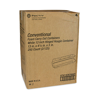 Pactiv Evergreen Foam Hinged Lid Containers, Dual Tab Lock Hoagie, 13 x 4 x 4, White, 250/Carton (PCT0TH1X267000Y)