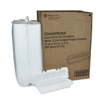 Pactiv Evergreen Foam Hinged Lid Containers, Dual Tab Lock Hoagie, 13 x 4 x 4, White, 250/Carton (PCT0TH1X267000Y)
