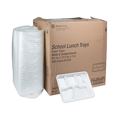 Pactiv Evergreen Foam School Trays, 6-Compartment Tray, 8.5 x 11.5 x 1.25, White, 500/Carton (PCT0TH10601SGBX)