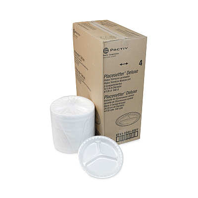 Pactiv Evergreen Placesetter Deluxe Laminated Foam Dinnerware, 3-Compartment Plate, 10.25" dia, White, 540/Carton (PCT0TK10044000Y)