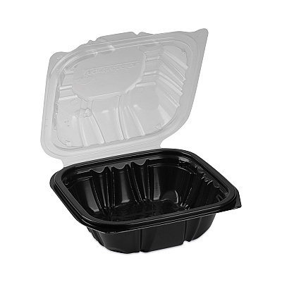 Pactiv Evergreen EarthChoice Vented Dual Color Microwavable Hinged Lid Container, 1-Compartment, 16oz, 6 x 6 x 3, Black/Clear, Plastic, 321/CT (PCTDC6610B000)