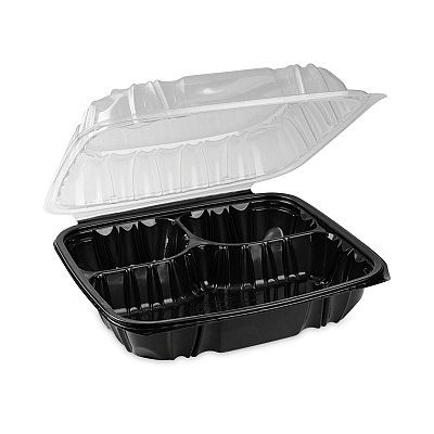 Pactiv Evergreen EarthChoice Vented Dual Color Microwavable Hinged Lid Container, 3-Compartment 34oz, 10.5x9.5x3, Black/Clear, Plastic, 132/CT (PCTDC109310B000)