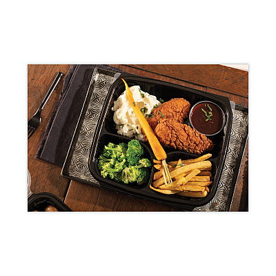 Pactiv Evergreen EarthChoice Vented Dual Color Microwavable Hinged Lid Container, 3-Compartment 34oz, 10.5x9.5x3, Black/Clear, Plastic, 132/CT (PCTDC109310B000)