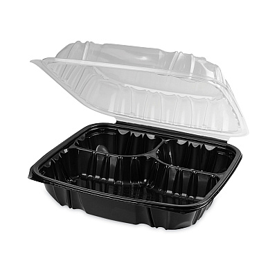 Pactiv Evergreen EarthChoice Vented Dual Color Microwavable Hinged Lid Container, 3-Compartment 34oz, 10.5x9.5x3, Black/Clear, Plastic, 132/CT (PCTDC109310B000)
