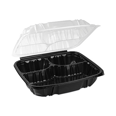 Pactiv Evergreen EarthChoice Vented Dual Color Microwavable Hinged Lid Container, 3-Comp Base/Lid, 34 oz, 10.5x9.5x3, Blk/Clr, Plastic, 132/CT (PCTDC109330B000)