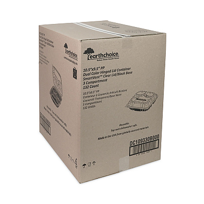 Pactiv Evergreen EarthChoice Vented Dual Color Microwavable Hinged Lid Container, 3-Comp Base/Lid, 34 oz, 10.5x9.5x3, Blk/Clr, Plastic, 132/CT (PCTDC109330B000)
