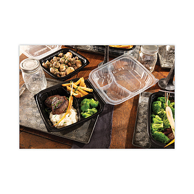 Pactiv Evergreen EarthChoice Vented Dual Color Microwavable Hinged Lid Container, 3-Comp Base/Lid, 34 oz, 10.5x9.5x3, Blk/Clr, Plastic, 132/CT (PCTDC109330B000)