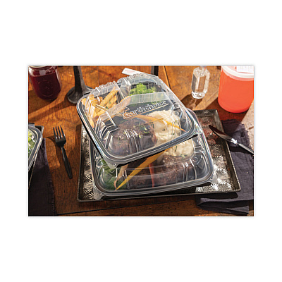 Pactiv Evergreen EarthChoice Vented Dual Color Microwavable Hinged Lid Container, 3-Comp Base/Lid, 34 oz, 10.5x9.5x3, Blk/Clr, Plastic, 132/CT (PCTDC109330B000)