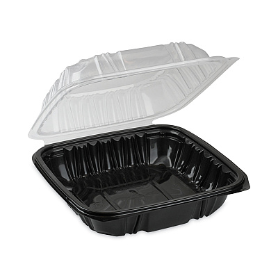 Pactiv Evergreen EarthChoice Vented Dual Color Microwavable Hinged Lid Container, 1-Compartment, 28oz, 7.5x7.5x3, Black/Clear, Plastic, 150/CT (PCTDC757100B000)