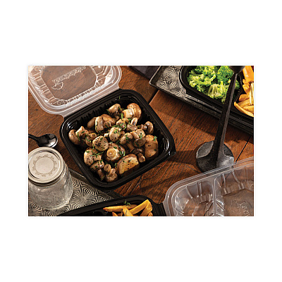 Pactiv Evergreen EarthChoice Vented Dual Color Microwavable Hinged Lid Container, 1-Compartment, 28oz, 7.5x7.5x3, Black/Clear, Plastic, 150/CT (PCTDC757100B000)