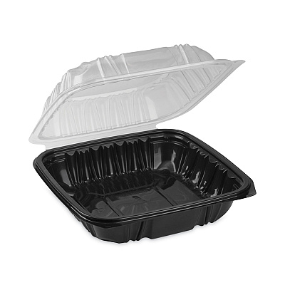 Pactiv Evergreen EarthChoice Vented Dual Color Microwavable Hinged Lid Container, 1-Compartment, 38oz, 8.5x8.5x3, Black/Clear, Plastic, 150/CT (PCTDC858100B000)