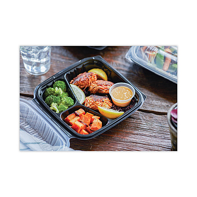 Pactiv Evergreen EarthChoice Vented Dual Color Microwavable Hinged Lid Container, 3-Compartment, 21oz, 8.5x8.5x3, Black/Clear, Plastic, 150/CT (PCTDC858310B000)
