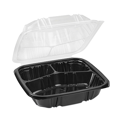 Pactiv Evergreen EarthChoice Vented Dual Color Microwavable Hinged Lid Container, 33oz, 8.5x8.5x3, 3-Compartment, Black/Clear, Plastic, 150/CT (PCTDC858330B000)