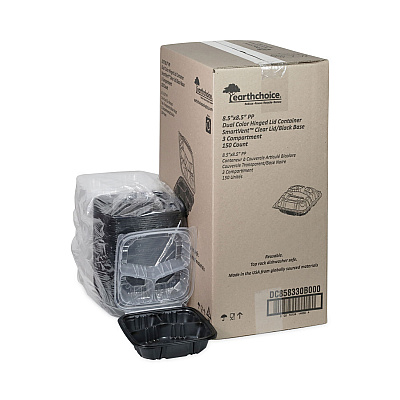 Pactiv Evergreen EarthChoice Vented Dual Color Microwavable Hinged Lid Container, 33oz, 8.5x8.5x3, 3-Compartment, Black/Clear, Plastic, 150/CT (PCTDC858330B000)