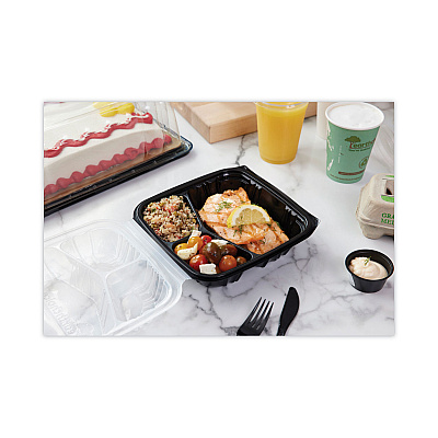 Pactiv Evergreen EarthChoice Vented Dual Color Microwavable Hinged Lid Container, 33oz, 8.5x8.5x3, 3-Compartment, Black/Clear, Plastic, 150/CT (PCTDC858330B000)