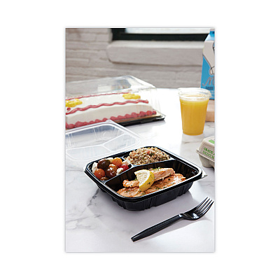 Pactiv Evergreen EarthChoice Vented Dual Color Microwavable Hinged Lid Container, 33oz, 8.5x8.5x3, 3-Compartment, Black/Clear, Plastic, 150/CT (PCTDC858330B000)