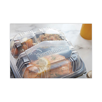 Pactiv Evergreen EarthChoice Vented Dual Color Microwavable Hinged Lid Container, 33oz, 8.5x8.5x3, 3-Compartment, Black/Clear, Plastic, 150/CT (PCTDC858330B000)