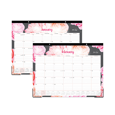 Blue Sky Joselyn Desk Pad, Rose Artwork, 22 x 17, White/Pink/Peach Sheets, Black Binding, Clear Corners, 12-Month (Jan to Dec): 2026 (102714)