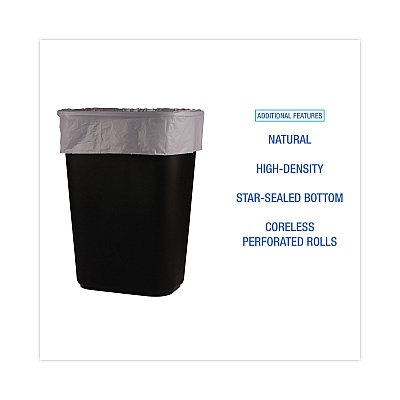 Boardwalk High-Density Can Liners, 16 gal, 6 mic, 24" x 33", Natural, Perforated Roll, 50 Bags/Roll, 20 Rolls/Carton (BWK243306)