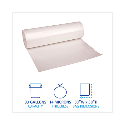 Boardwalk High-Density Can Liners, 33 gal, 14 mic, 33" x 38", Natural, Perforated Roll, 25 Bags/Roll, 10 Rolls/Carton (BWK334016)