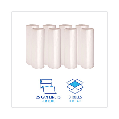 Boardwalk High-Density Can Liners, 60 gal, 11 mic, 38" x 58", Natural, Perforated Roll, 25 Bags/Roll, 8 Rolls/Carton (BWK385814)