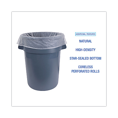 Boardwalk High-Density Can Liners, 60 gal, 11 mic, 38" x 58", Natural, Perforated Roll, 25 Bags/Roll, 8 Rolls/Carton (BWK385814)