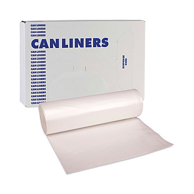 Boardwalk High-Density Can Liners, 60 gal, 11 mic, 38" x 58", Natural, Perforated Roll, 25 Bags/Roll, 8 Rolls/Carton (BWK385814)