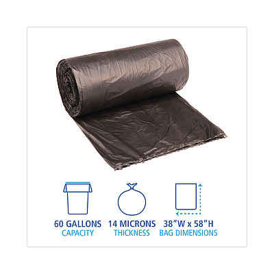 Boardwalk High-Density Can Liners, 60 gal, 14 mic, 38" x 58", Black, Perforated Roll, 25 Bags/Roll, 8 Rolls/Carton (BWK385817BLK)