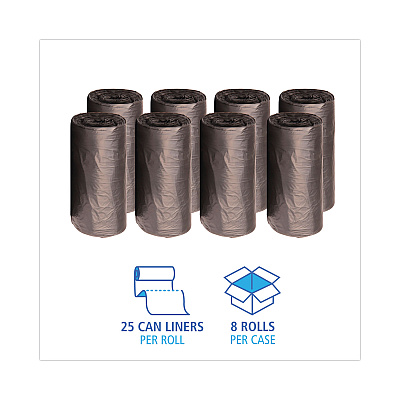 Boardwalk High-Density Can Liners, 60 gal, 14 mic, 38" x 58", Black, Perforated Roll, 25 Bags/Roll, 8 Rolls/Carton (BWK385817BLK)
