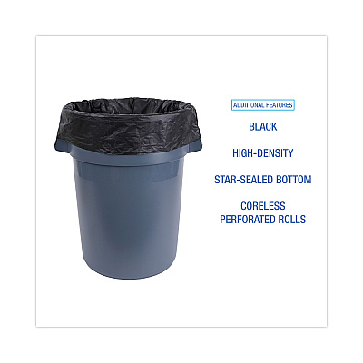 Boardwalk High-Density Can Liners, 60 gal, 14 mic, 38" x 58", Black, Perforated Roll, 25 Bags/Roll, 8 Rolls/Carton (BWK385817BLK)